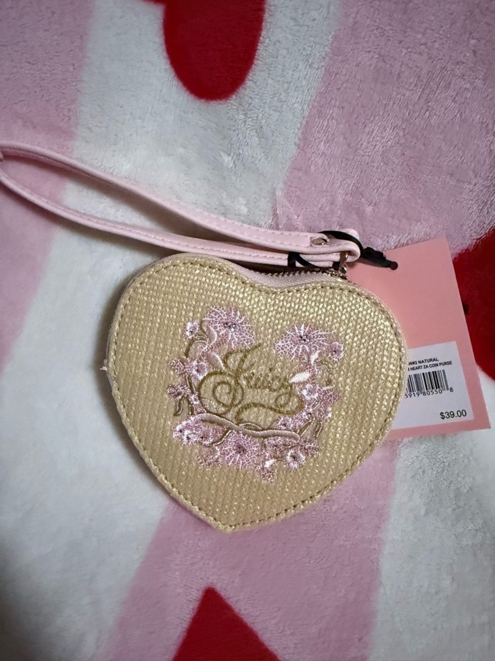 NWT Juicy Couture Juicy in Bloom Heart Coin Purse in Natural/PP Straw